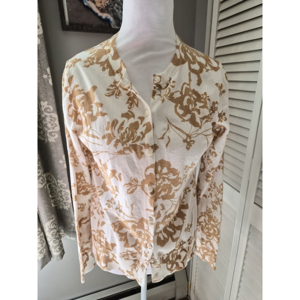Ann Taylor Factory Womens Tan Cream Floral Cotton Button Front Cardigan Size M